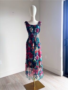 Floral Smocked Maxi Dress in Teal and Pink